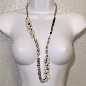 White House Black Market Silver Tone Cream and Black Asymmetrical Necklace